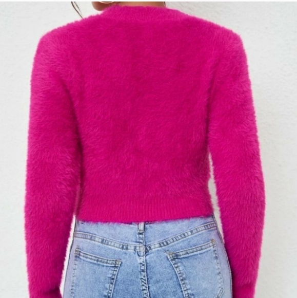 NWT Comfy Heart Cut Out soft Fuzzy hot pink knit Sweater top - Picture 4 of 4